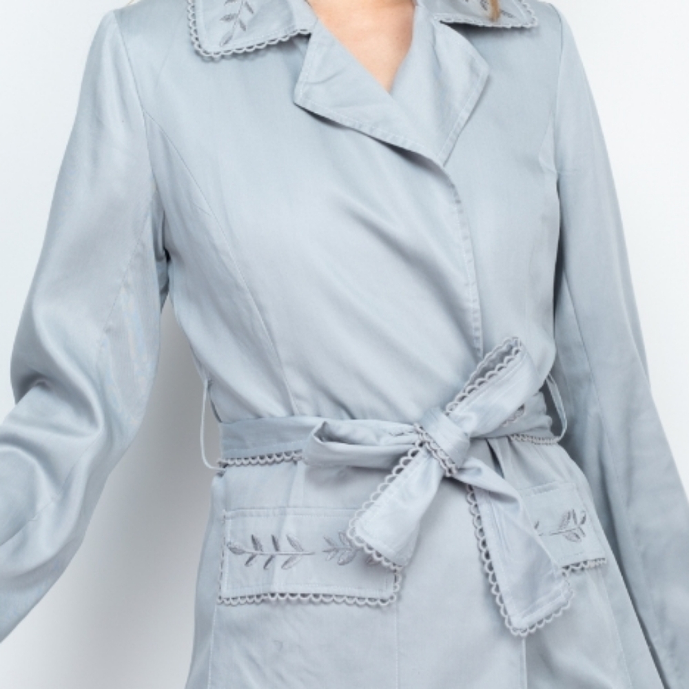 Blush Noir Frost Gray Embroidered Belted Trench Jacket - Picture 4 of 11
